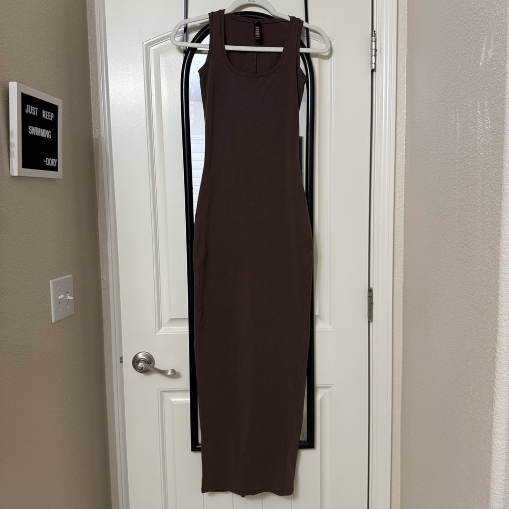 Skims Dark Brown Tank Soft Lounge Midi Slip Dress